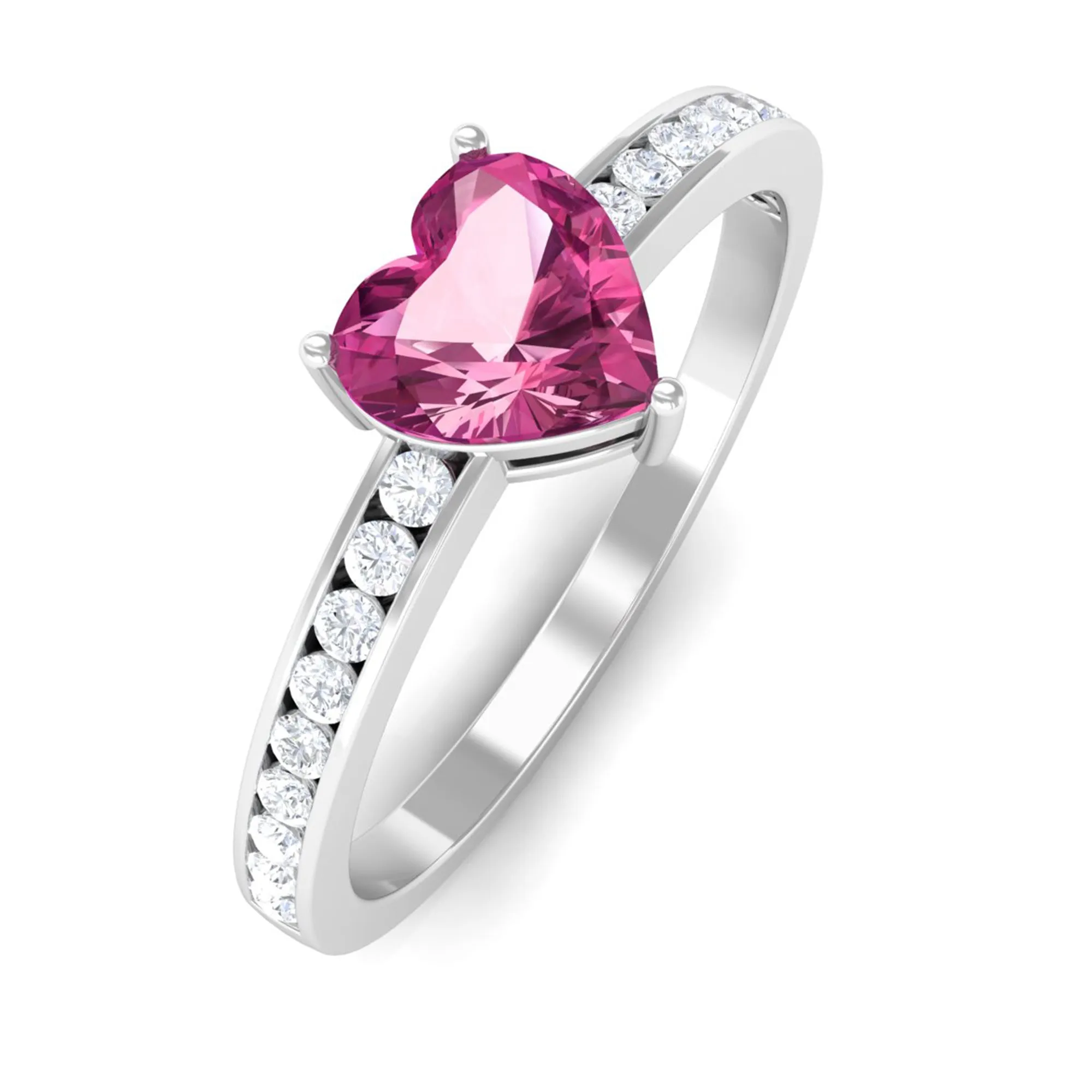 1 CT Heart Shape Pink Tourmaline Solitaire Ring with Diamond Side Stones