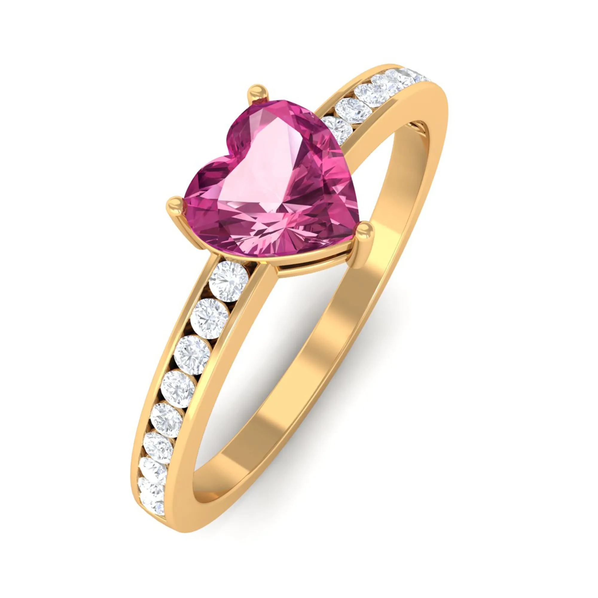 1 CT Heart Shape Pink Tourmaline Solitaire Ring with Diamond Side Stones