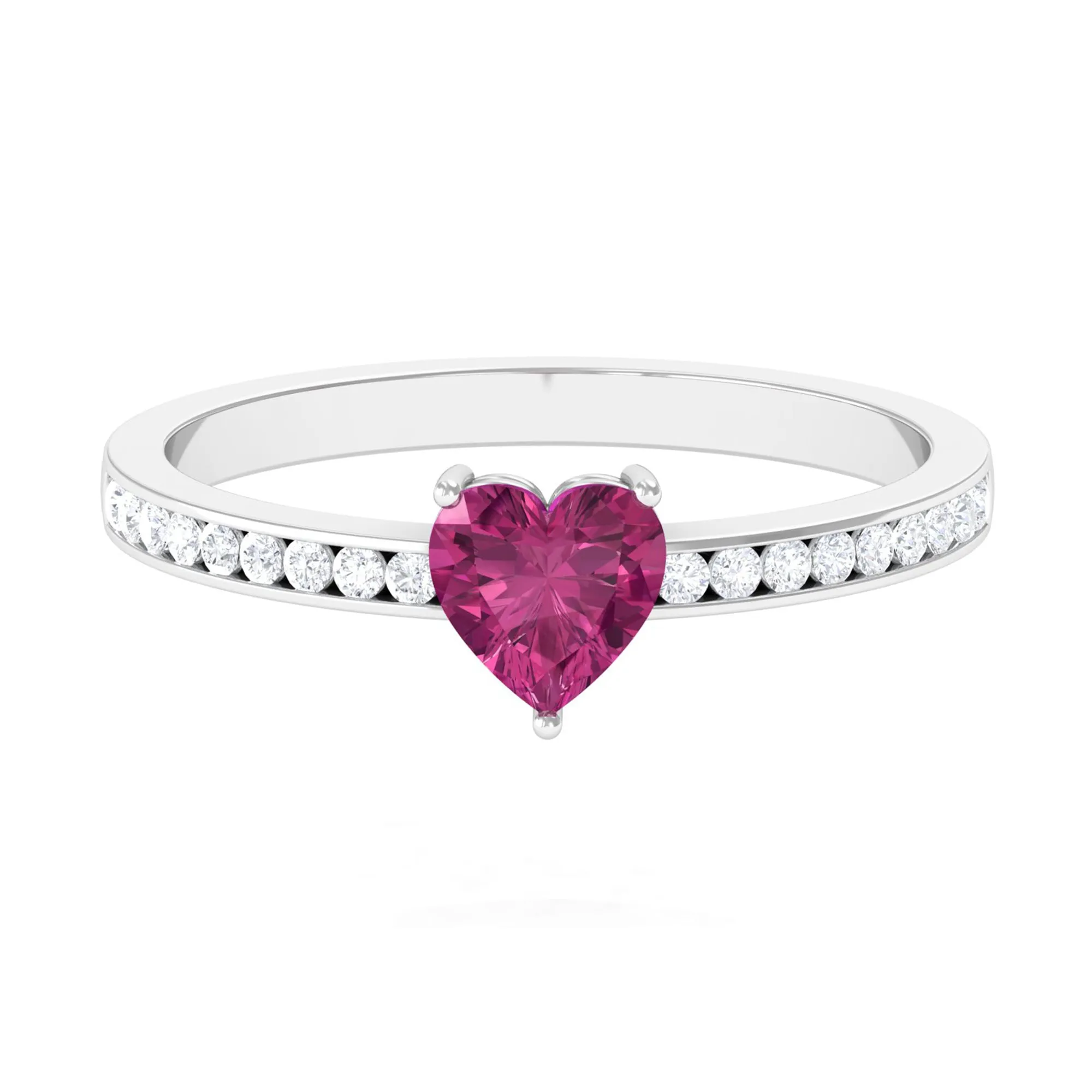 1 CT Heart Shape Pink Tourmaline Solitaire Ring with Diamond Side Stones