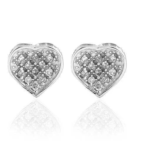 10K White Solid Gold Womens Classy Heart Earrings With White Diamonds 0.10 Ctw