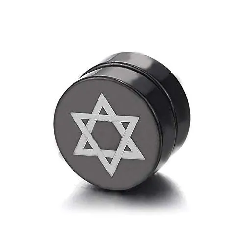 10MM Men Women Magnetic Black Star-of-David Circle Stud Earrings, Non-Piercing Clip On Fake Ear Plug