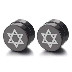 10MM Men Women Magnetic Black Star-of-David Circle Stud Earrings, Non-Piercing Clip On Fake Ear Plug