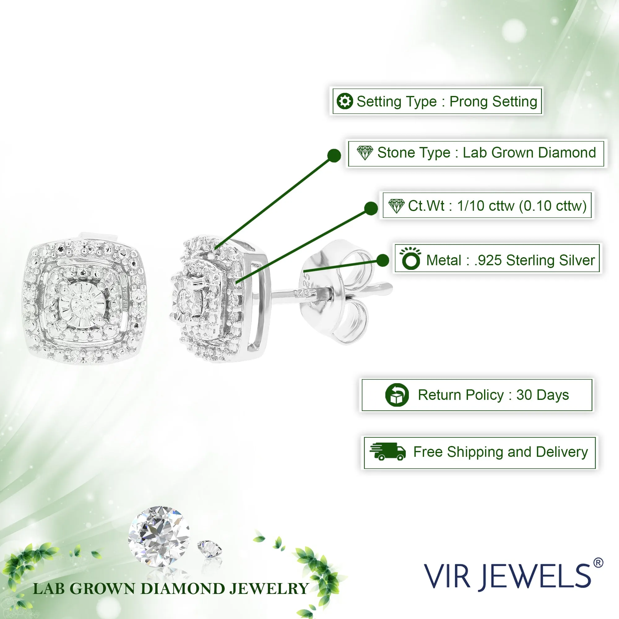 1/10 cttw 18 Stones Round Lab Grown Diamond Studs Earrings .925 Sterling Silver Prong Set 1/3 Inch