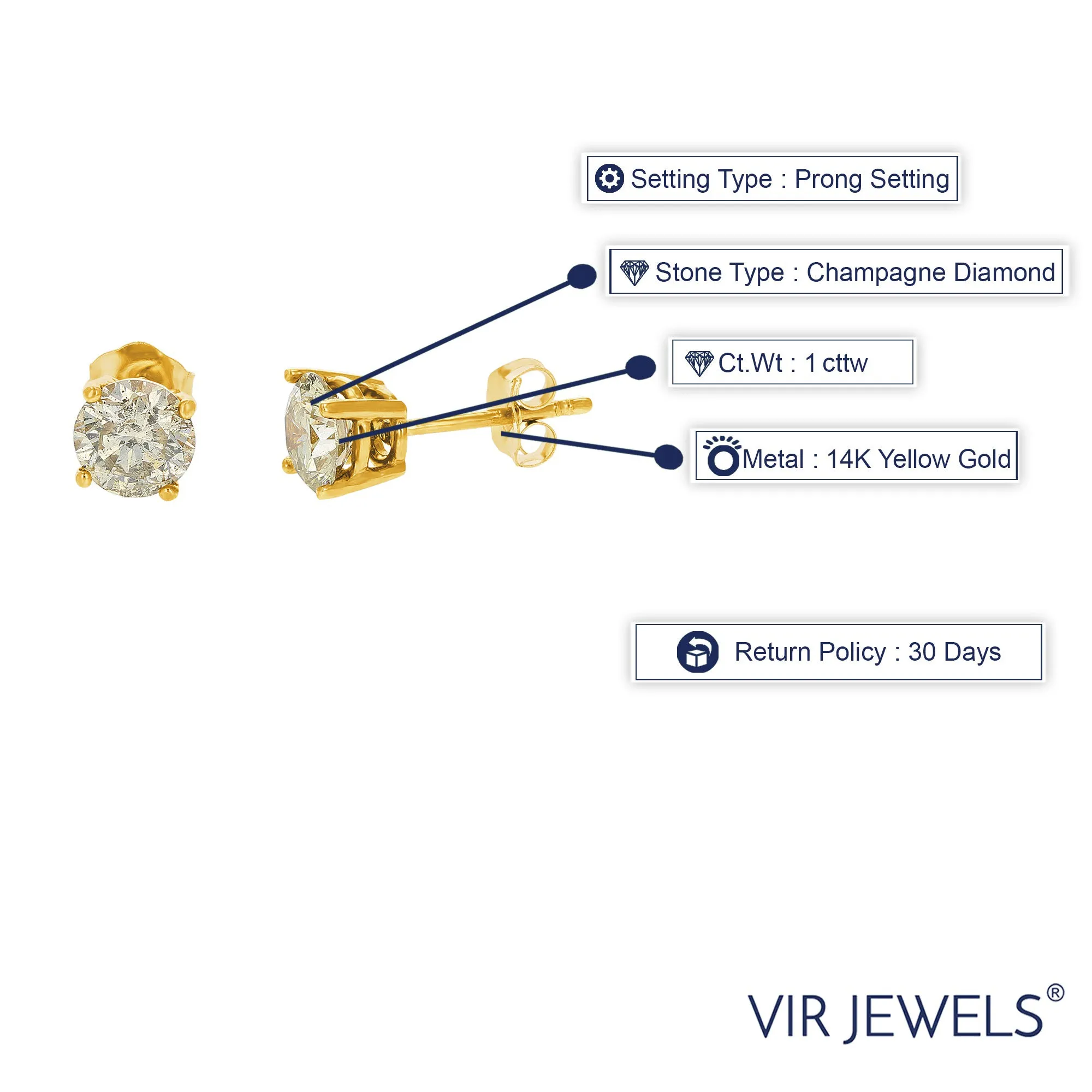 1/2 cttw Champagne Diamond Stud Earrings 14K Yellow Gold Round with Push Backs