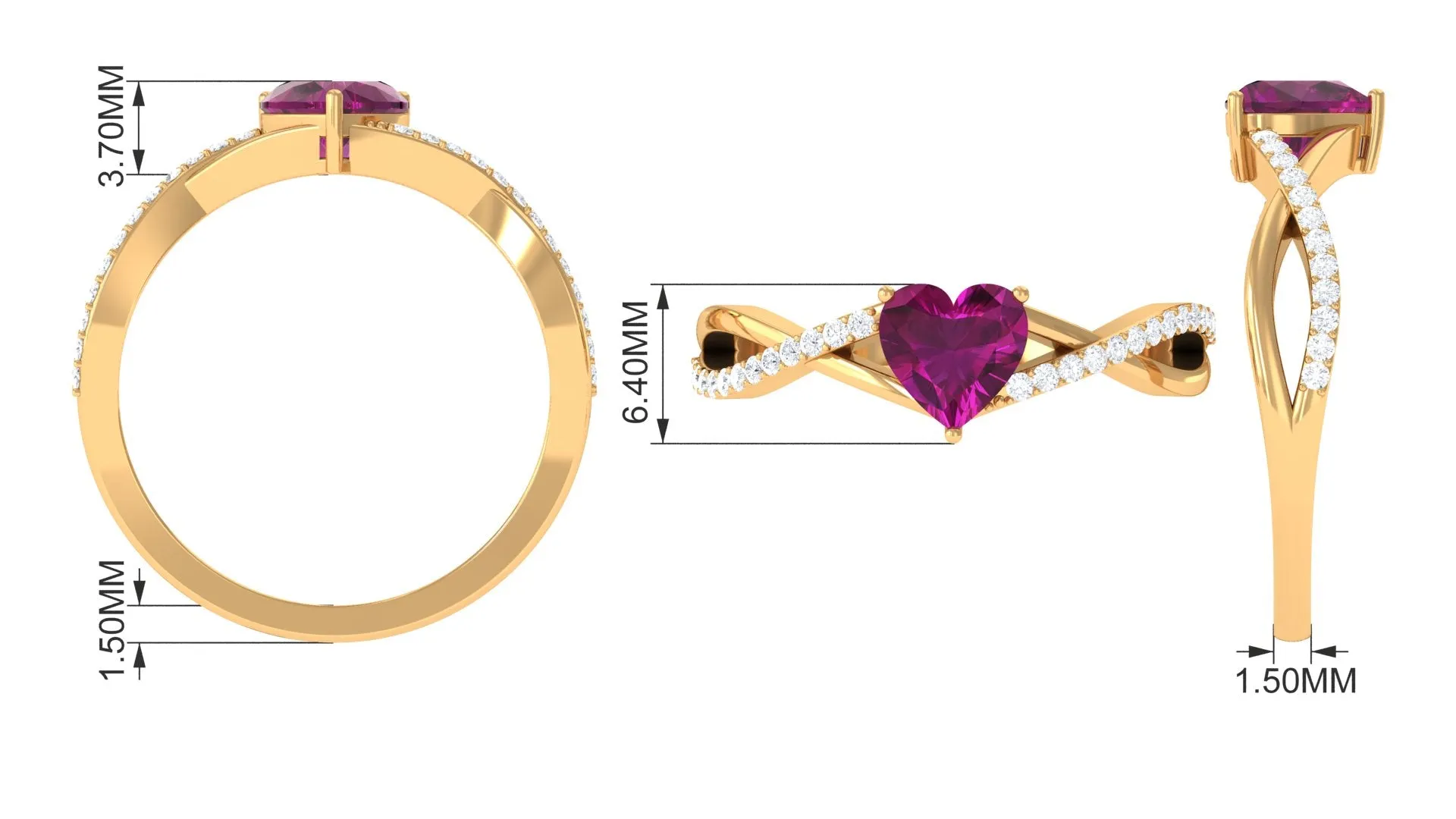 1.25 CT Heart Shape Rhodolite Solitaire Ring with Diamond