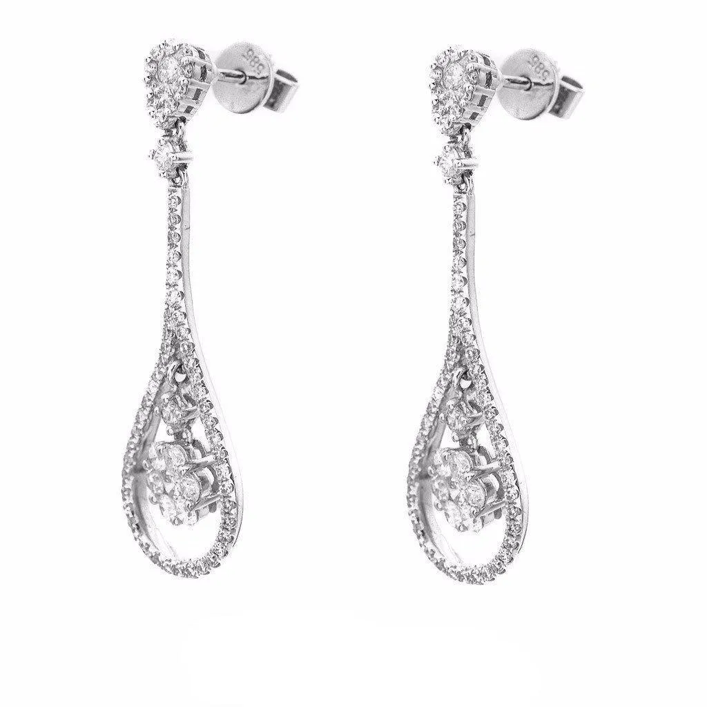 1.36CT Diamond Double Frame Drop Earrings Set In 14K White Gold W/ Floral Frame Setting