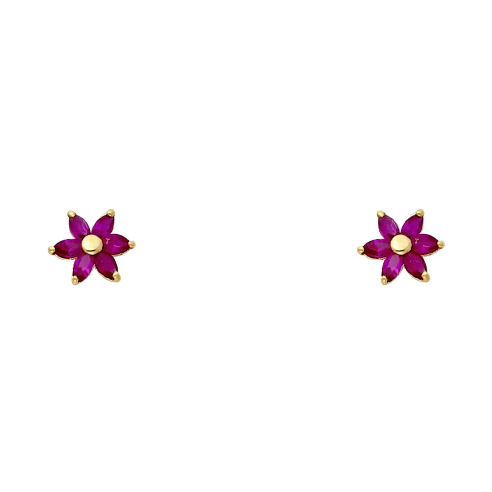 14K Gold Birthstone CZ Flower Stud Earrings