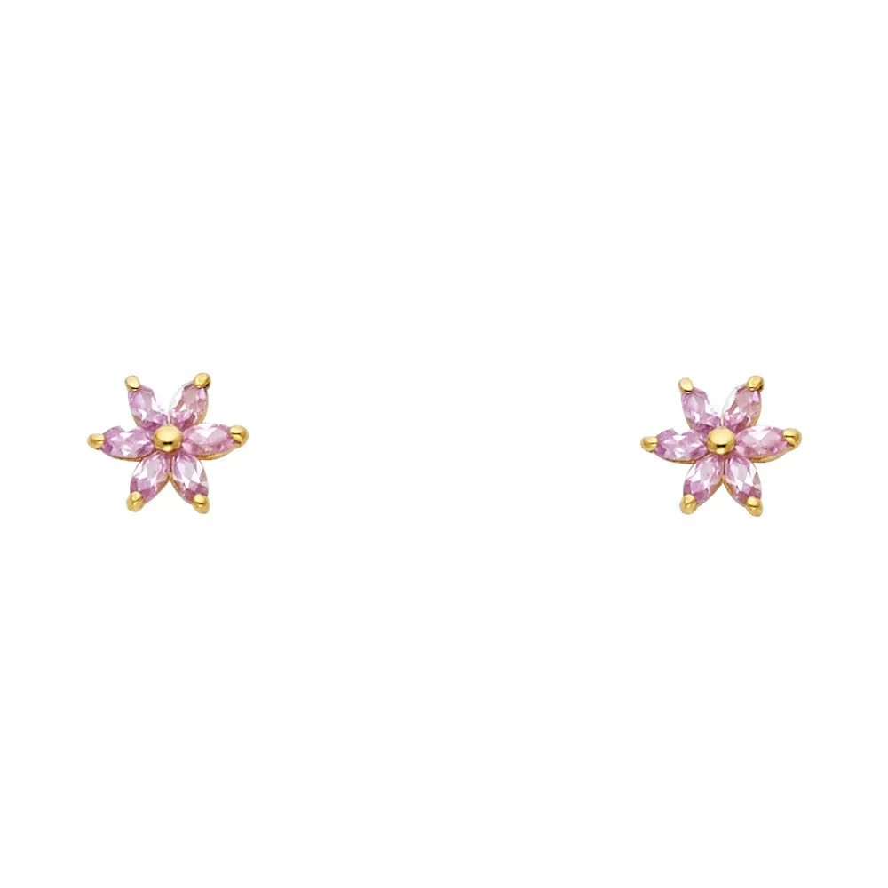 14K Gold Birthstone CZ Flower Stud Earrings