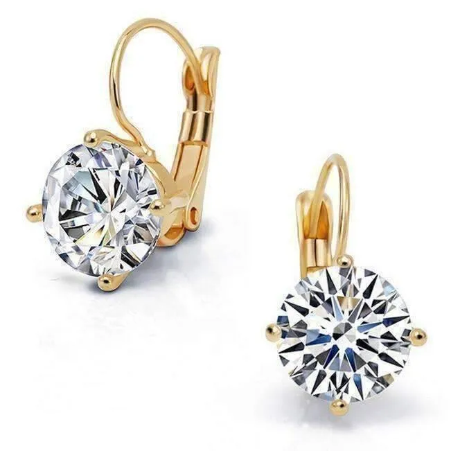 14K Gold Plated Bold 7 CTW Solitaire CZ Leverback Earrings in Yellow, Rose or White Gold for Woman