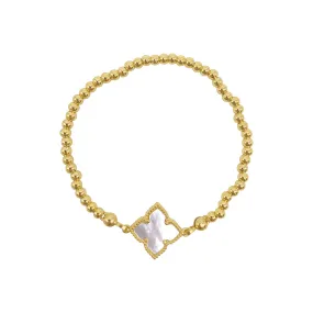 14k Gold Plated White Mother of Pearl Flower Stretch Ball Bracelet