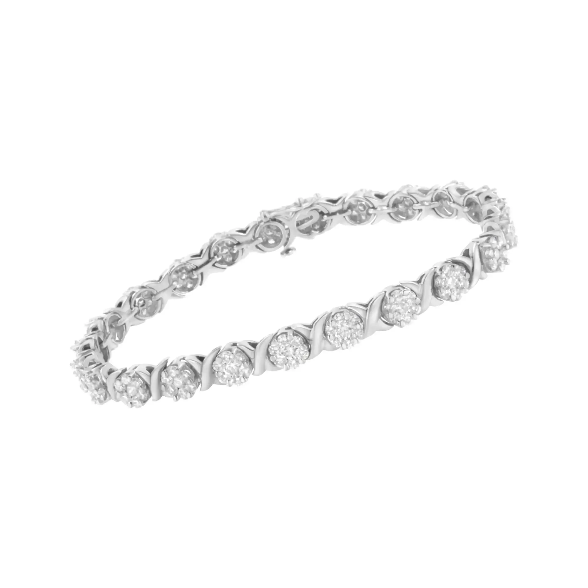 14K White Gold Diamond Round Cluster Tennis Bracelet with Secure Box Closure