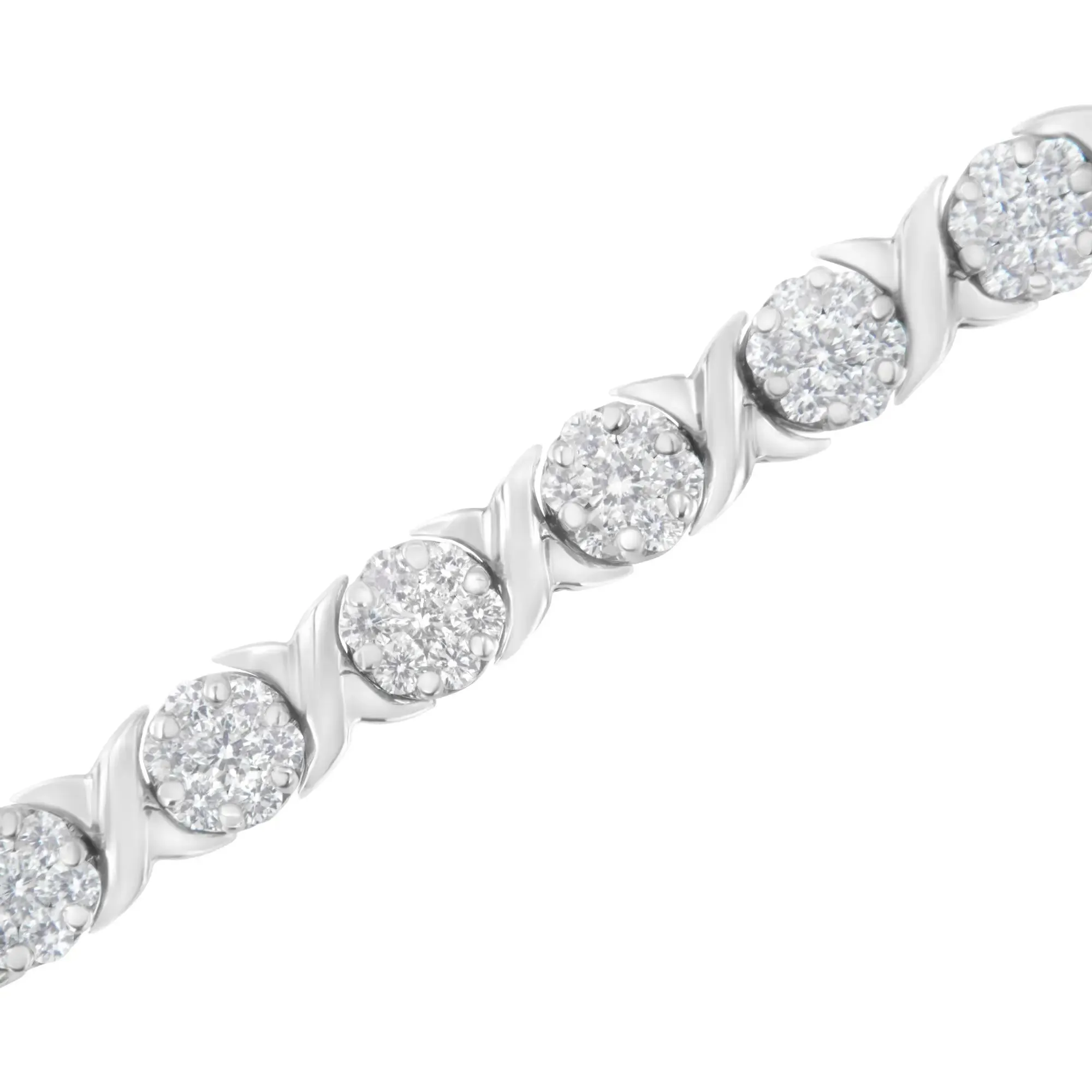 14K White Gold Diamond Round Cluster Tennis Bracelet with Secure Box Closure