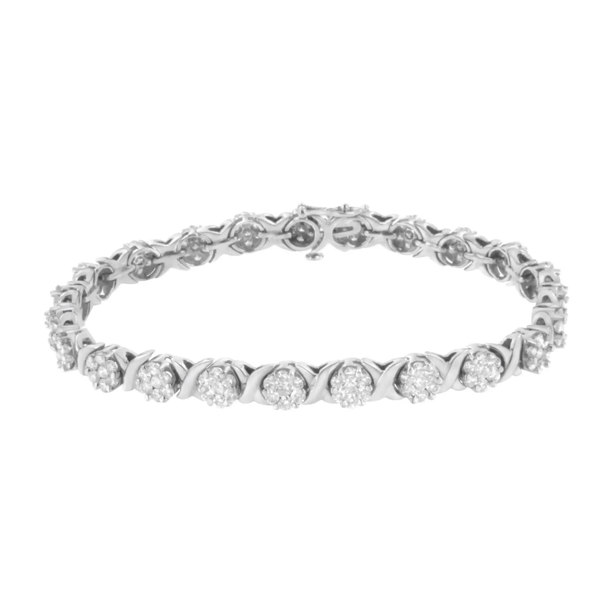 14K White Gold Diamond Round Cluster Tennis Bracelet with Secure Box Closure