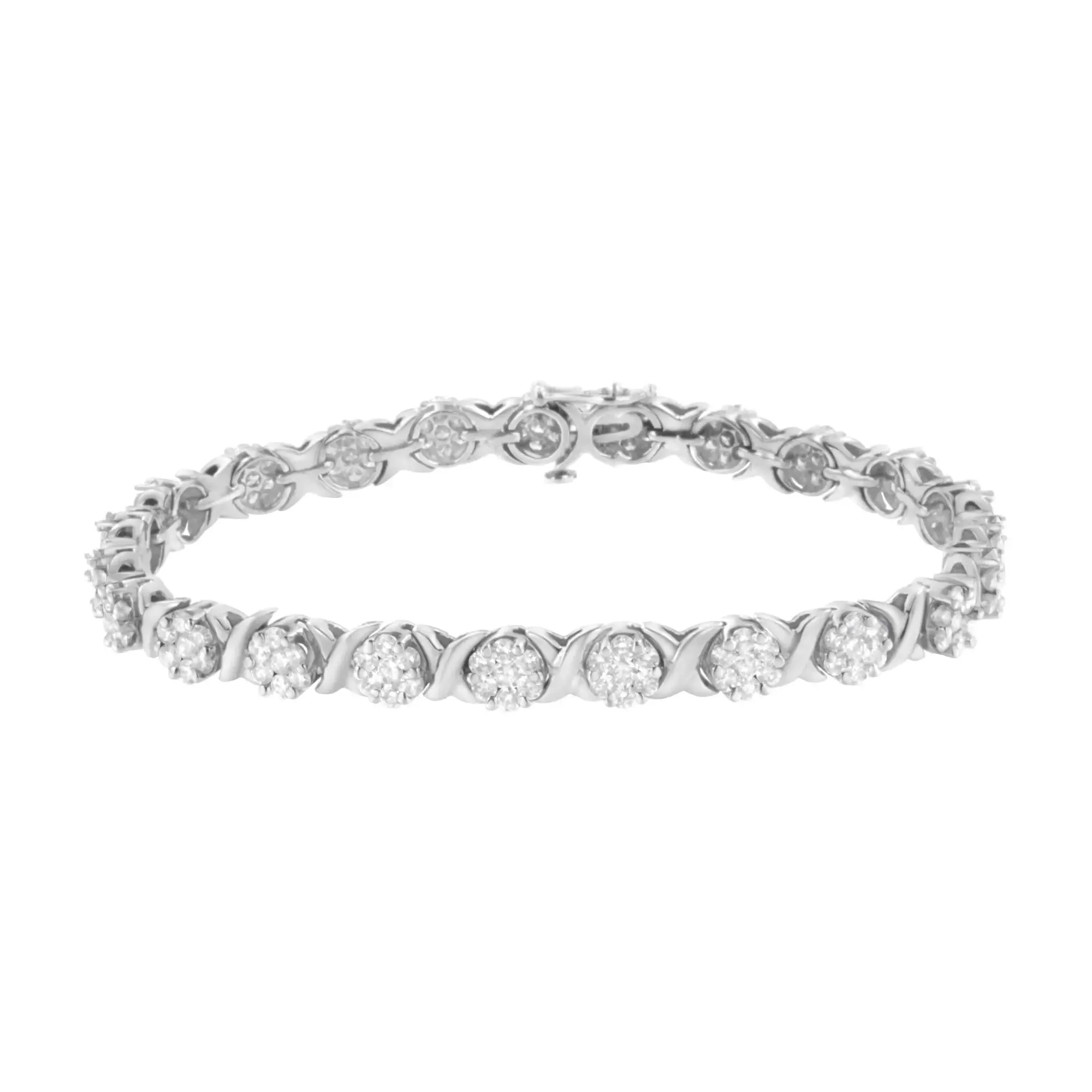 14K White Gold Diamond Round Cluster Tennis Bracelet with Secure Box Closure