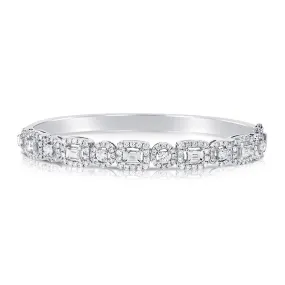 14K White Gold Mixed Shape Round and Baguette Diamond Hinged Bangle