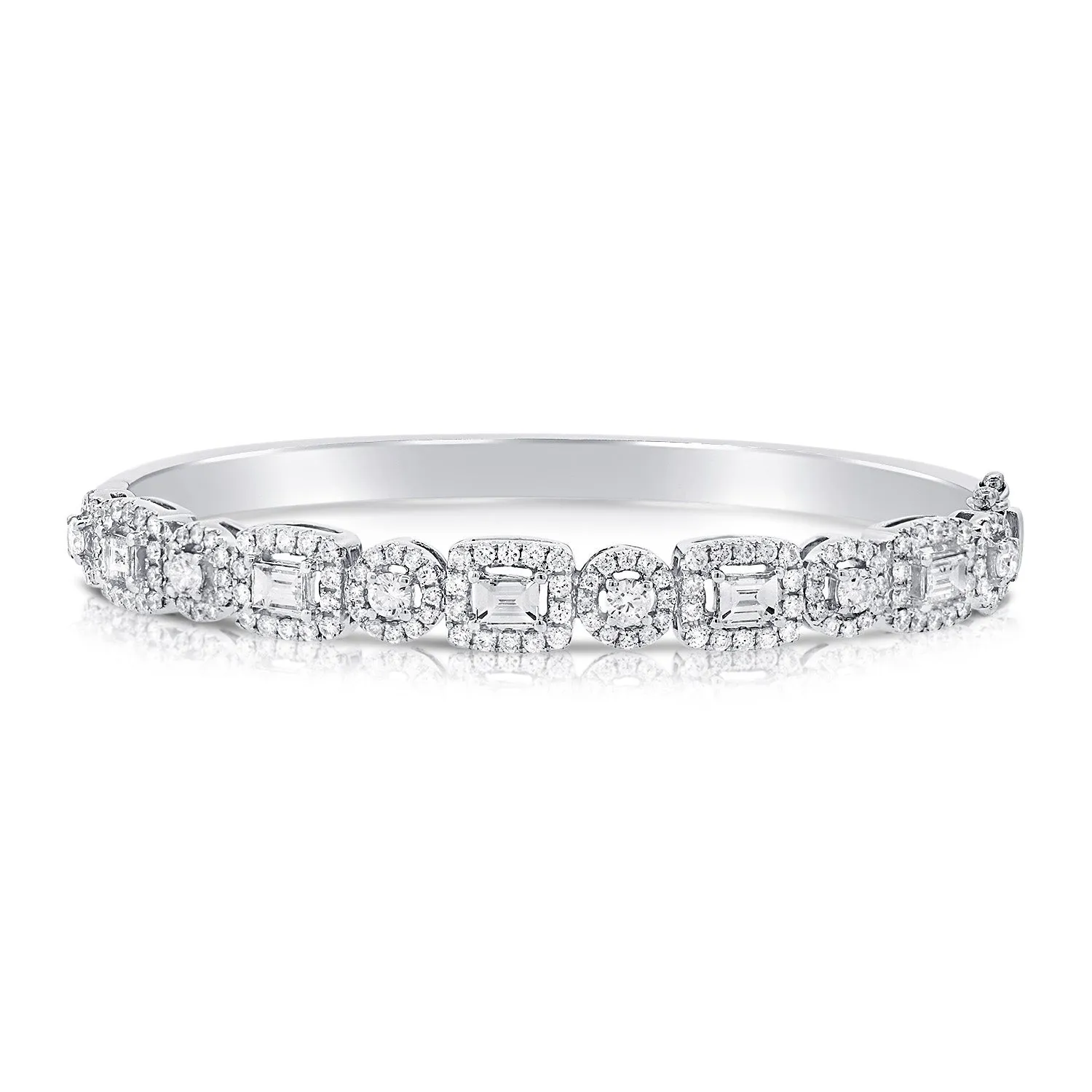 14K White Gold Mixed Shape Round and Baguette Diamond Hinged Bangle