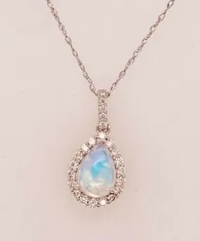 14K White Gold Opal and Diamond Pendant Necklace