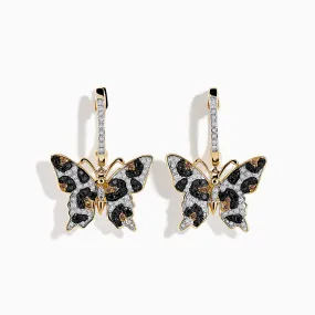 14K Yellow Gold Black, Espresso, and White Diamond Butterfly Earrings