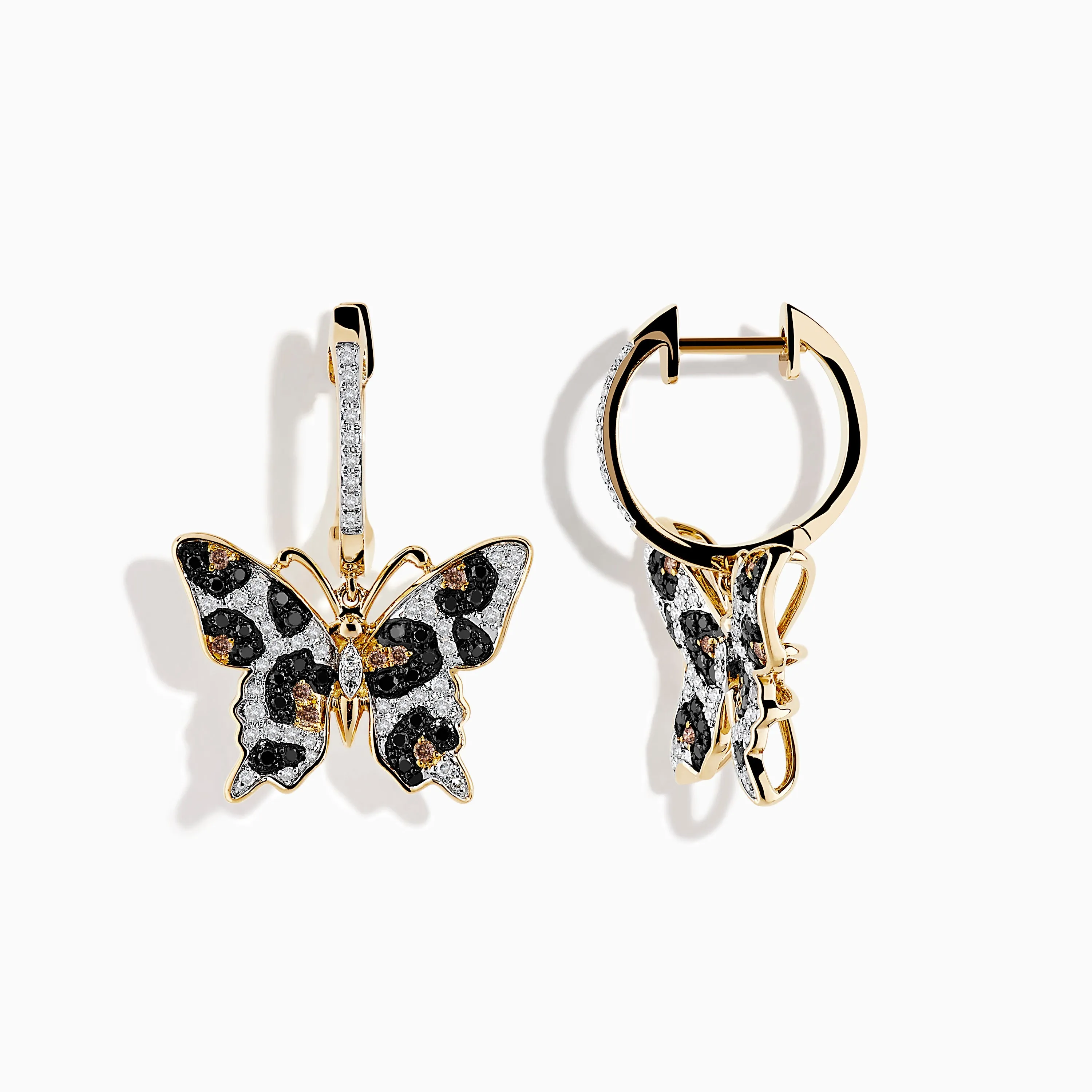 14K Yellow Gold Black, Espresso, and White Diamond Butterfly Earrings