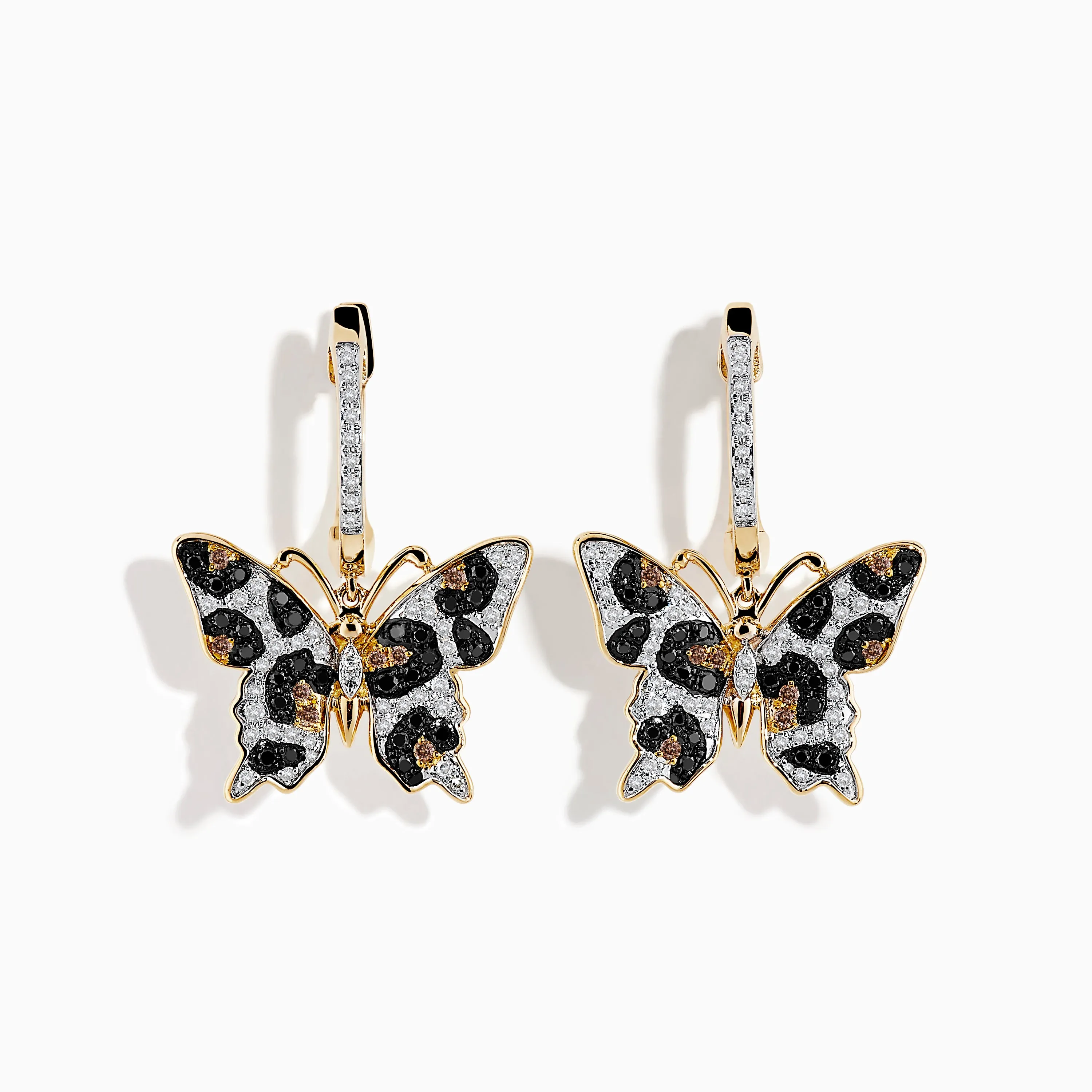 14K Yellow Gold Black, Espresso, and White Diamond Butterfly Earrings