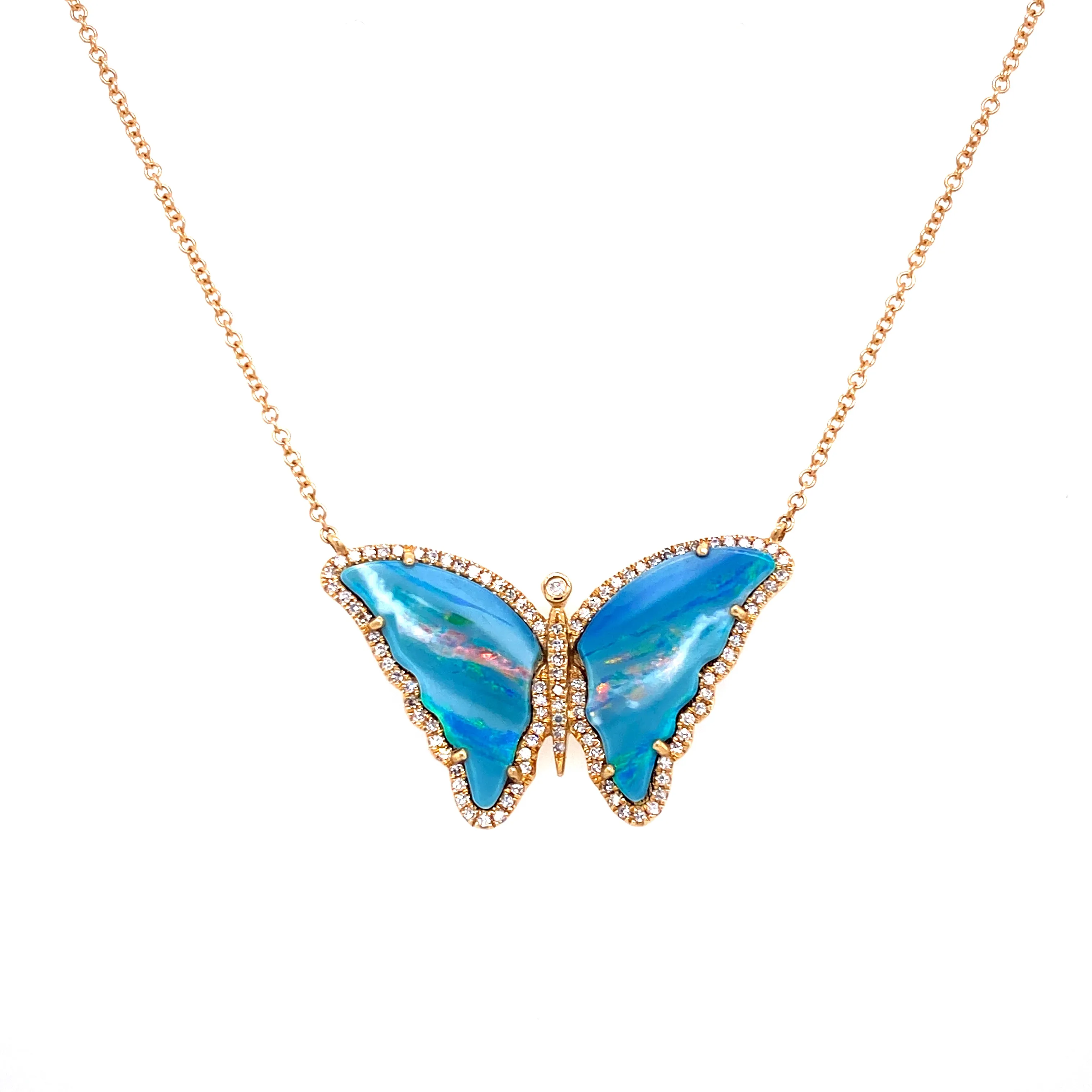 14K Yellow Gold Diamond   Opal Butterfly Necklace