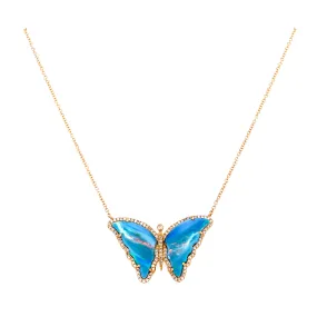 14K Yellow Gold Diamond   Opal Butterfly Necklace