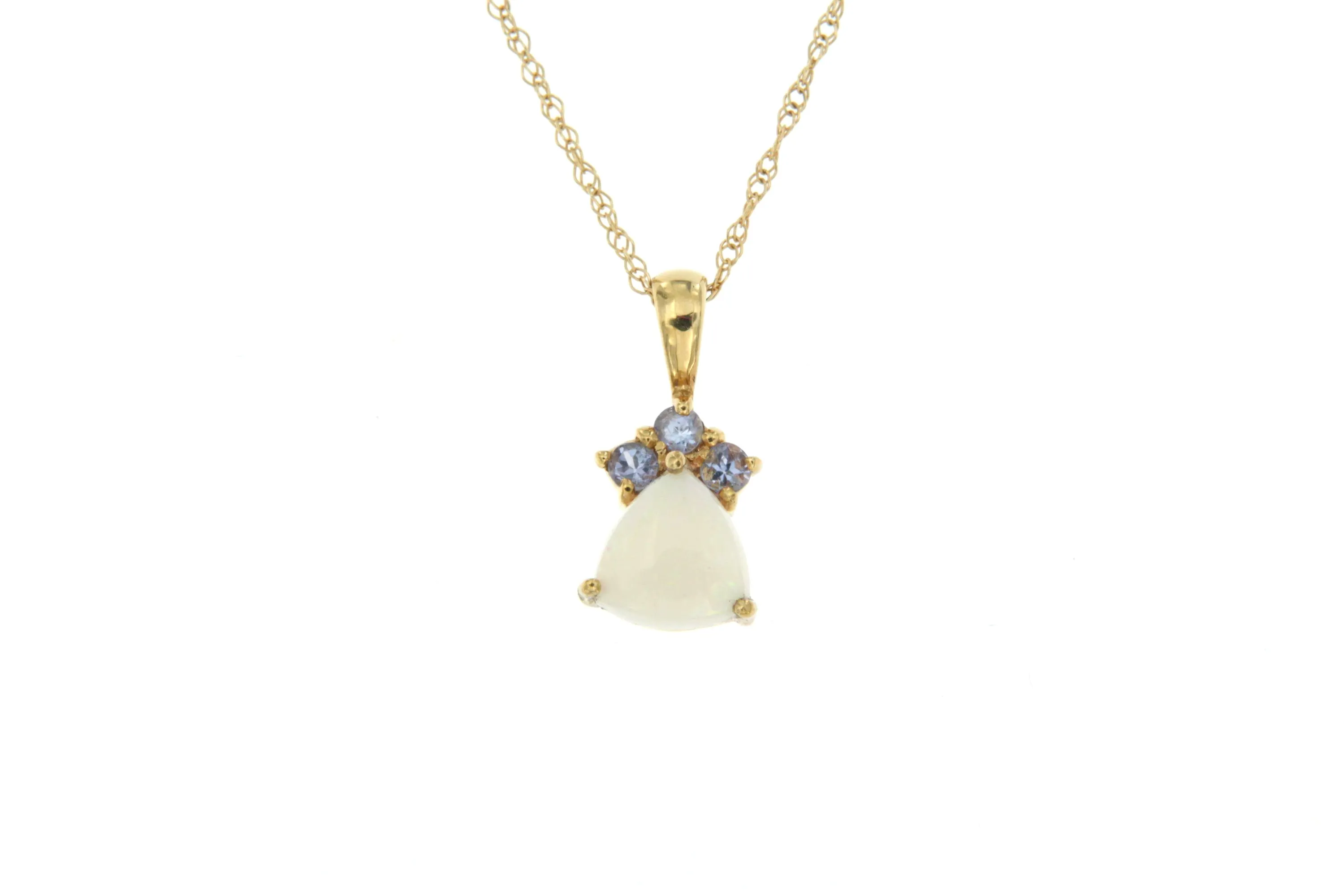 14K Yellow Gold White Opal and Tanzanite Gemstone Trillion Cluster Birthstone Pendant, with 18" Chain.