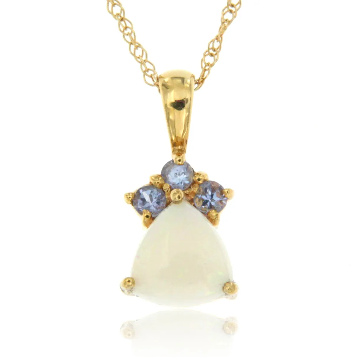 14K Yellow Gold White Opal and Tanzanite Gemstone Trillion Cluster Birthstone Pendant, with 18" Chain.