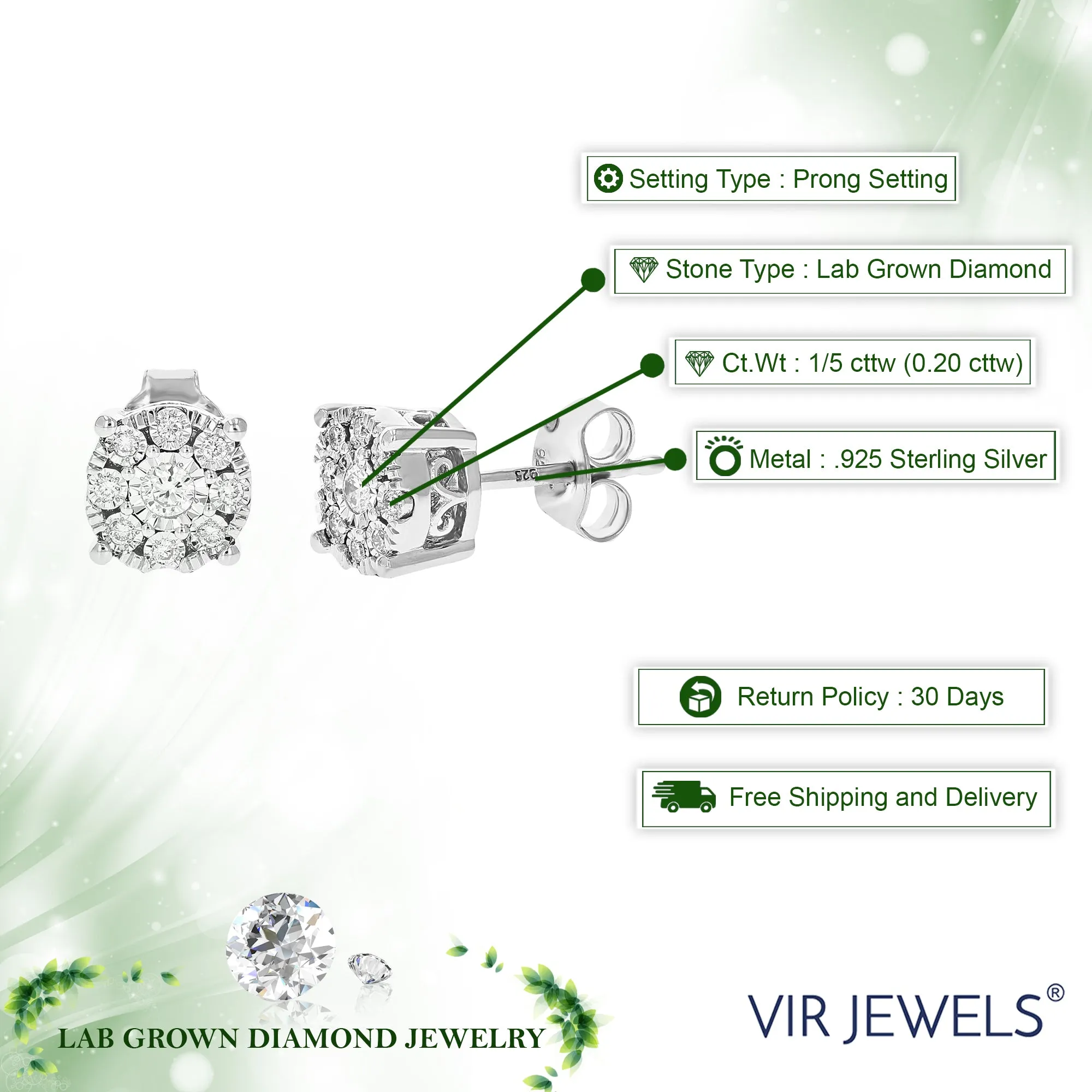 1/5 cttw 18 Stones Round Lab Grown Diamond Studs Earrings .925 Sterling Silver Prong Set Round Shape