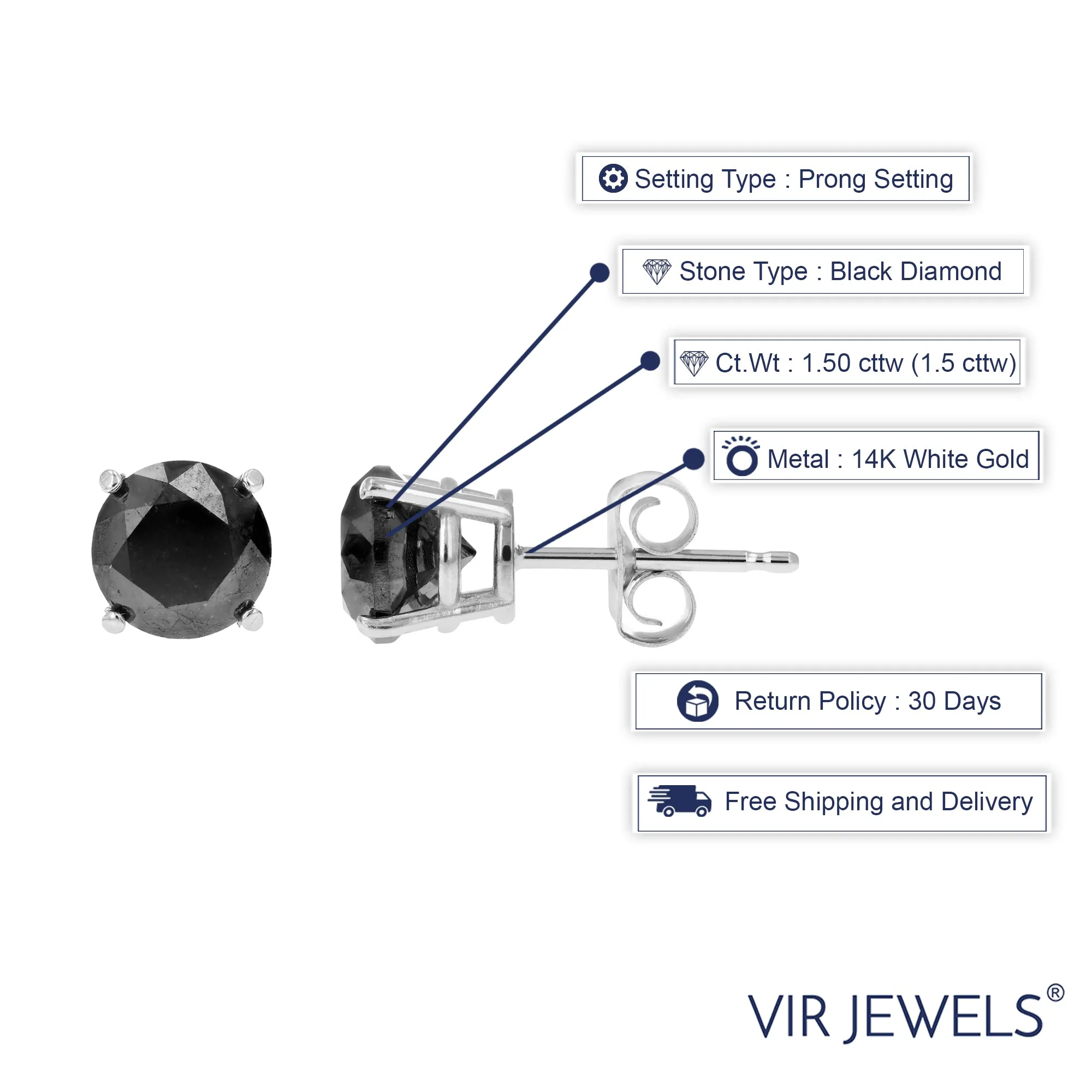 1.50 cttw Black Diamond Stud Earrings 14K White Gold Round Push Backs 4 Prong Basket