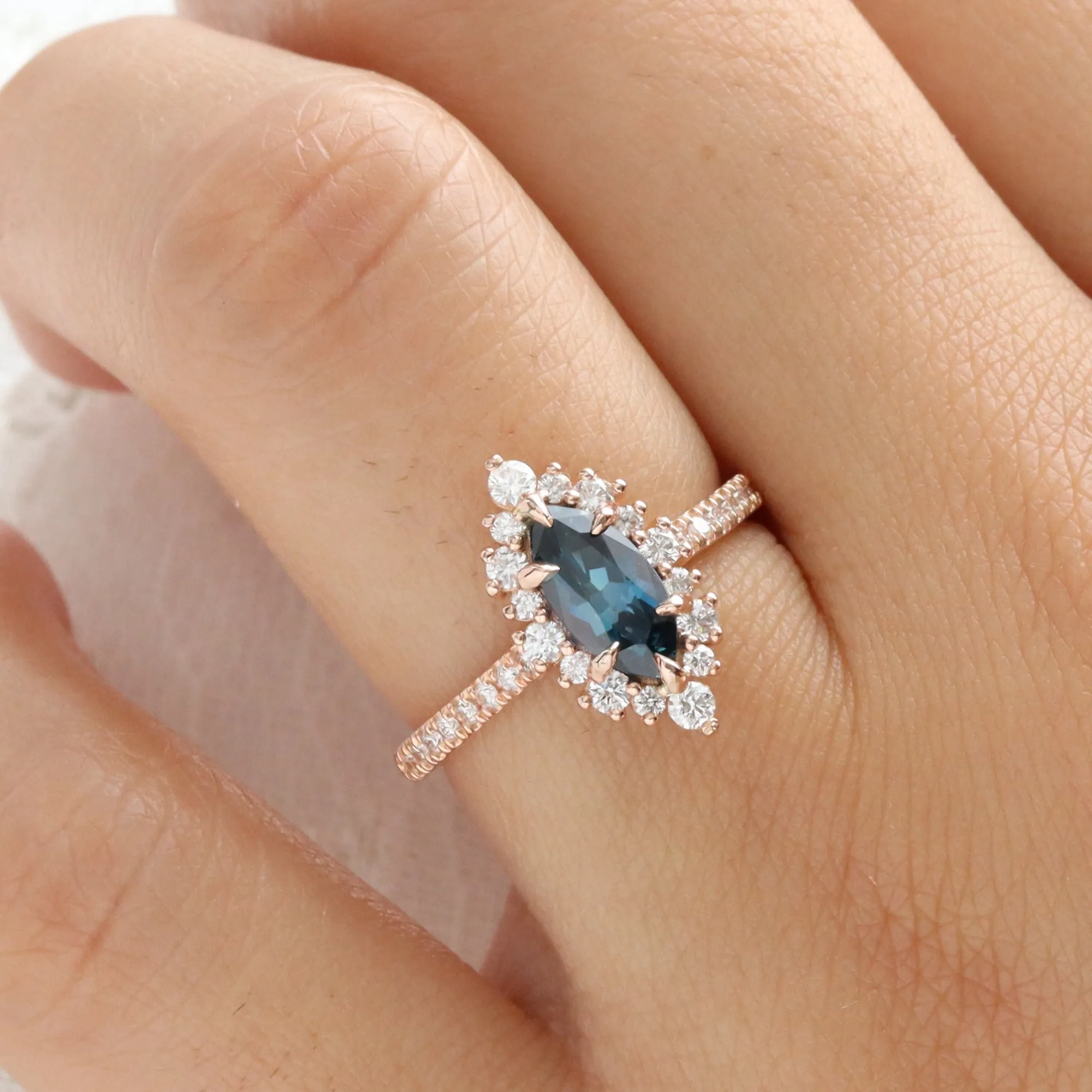 1.72 Ct Marquise Teal Blue Sapphire Ring in 14k Rose Gold Tiara Halo Diamond Size 6.75