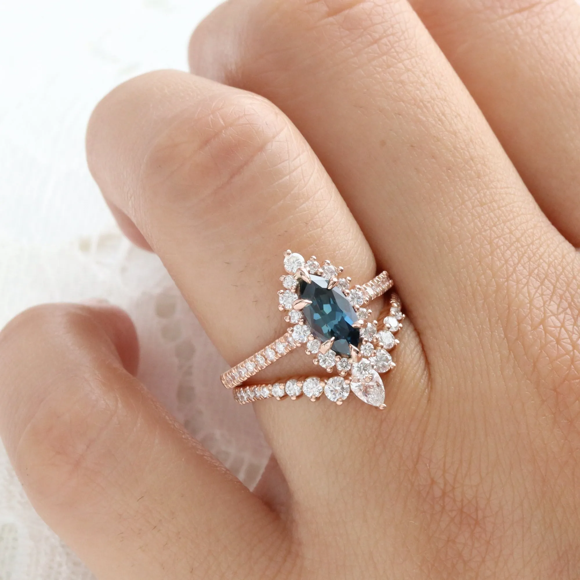 1.72 Ct Marquise Teal Blue Sapphire Ring in 14k Rose Gold Tiara Halo Diamond Size 6.75