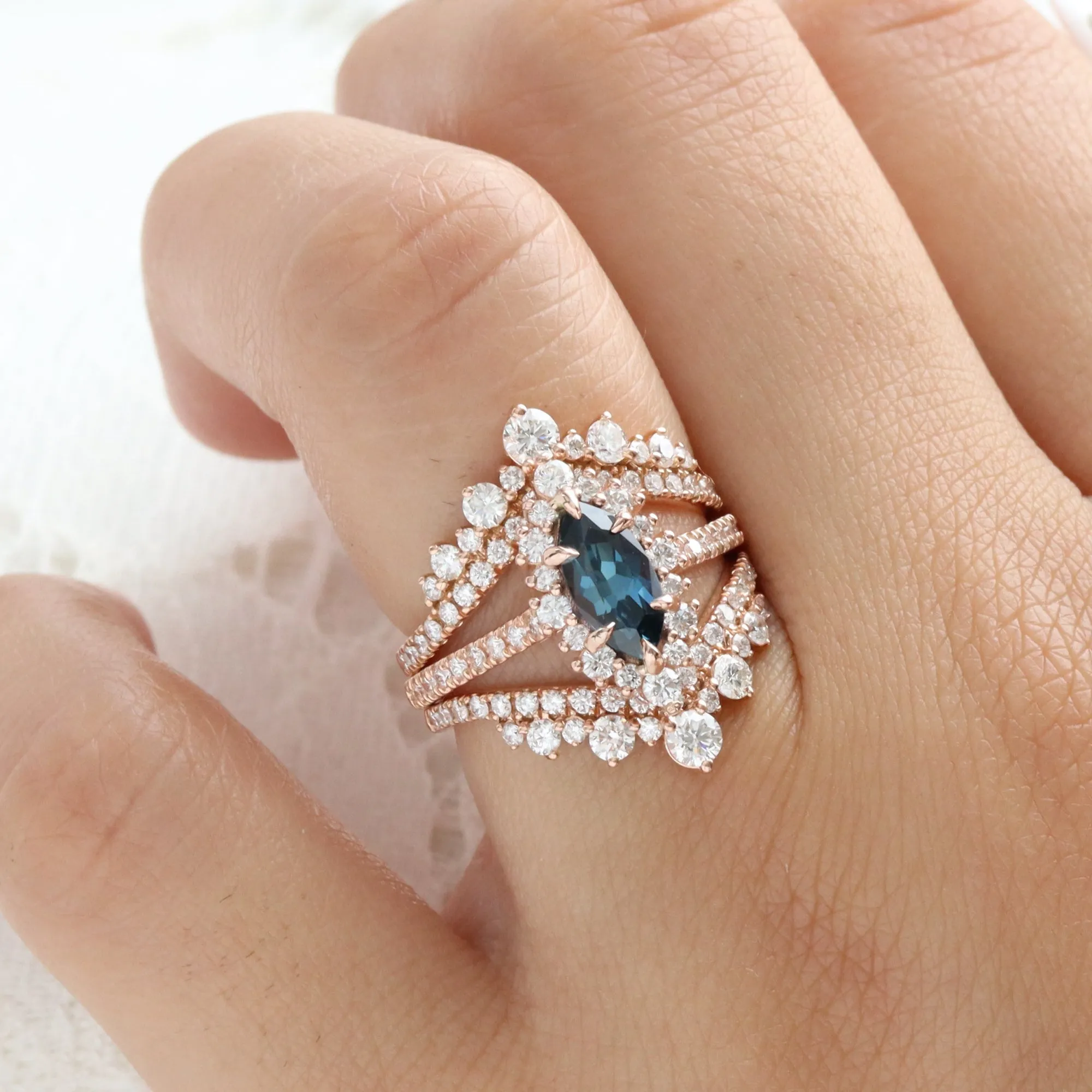 1.72 Ct Marquise Teal Blue Sapphire Ring in 14k Rose Gold Tiara Halo Diamond Size 6.75