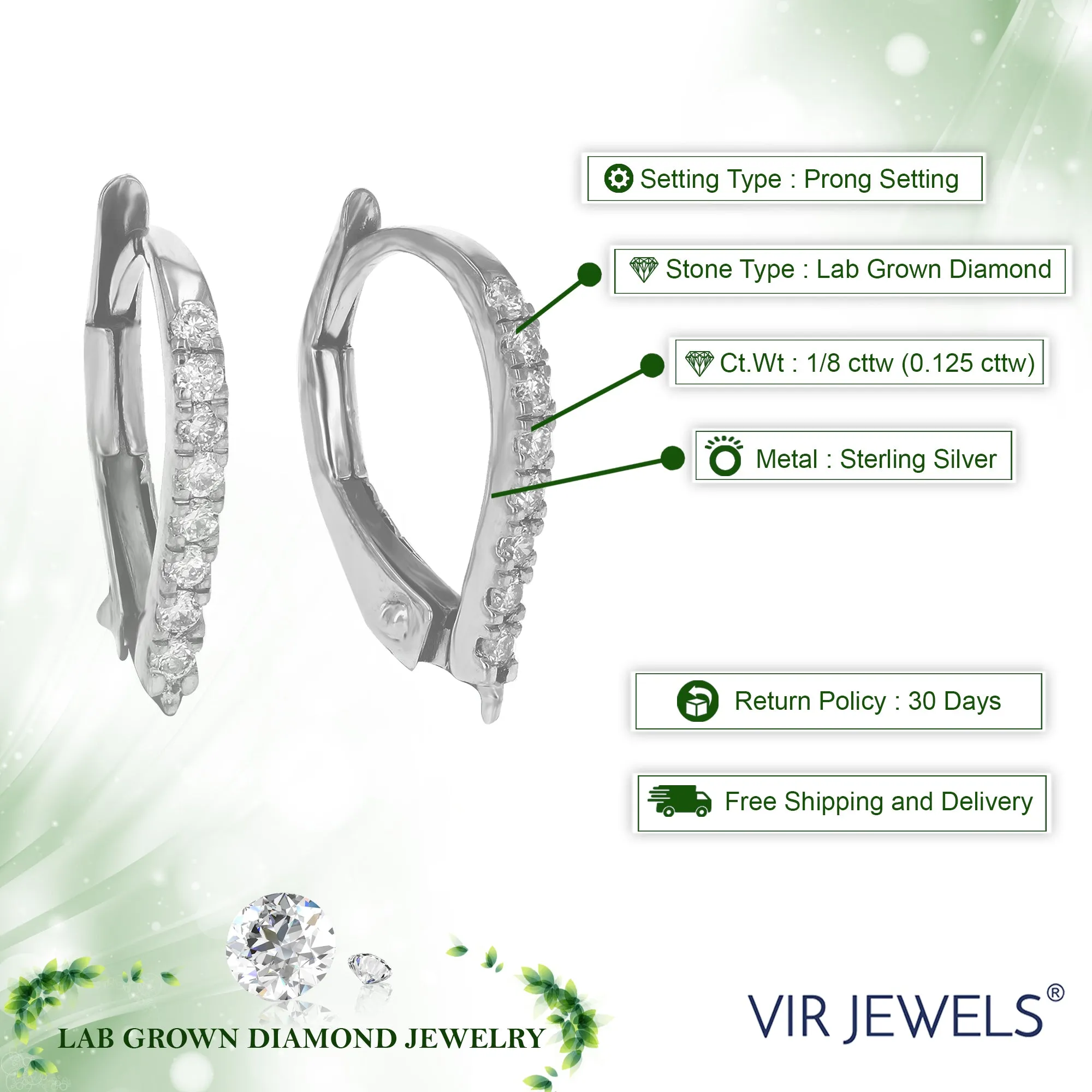 1/8 cttw Round Lab Grown Diamond Hoop Earrings .925 Sterling Silver Prong Set 1/2 Inch