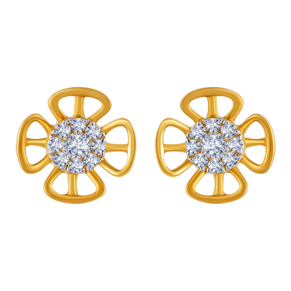 18k Dainty Gold And Diamond Floral Stud Earrings