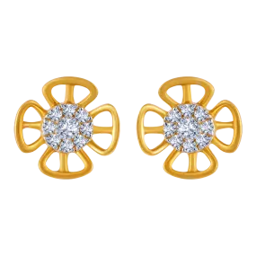 18k Dainty Gold And Diamond Floral Stud Earrings