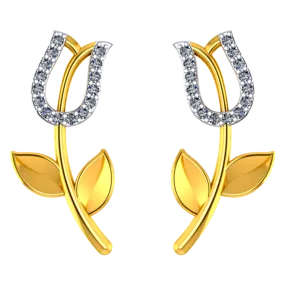 18k Diamond Earrings With Floral Design And Leafy Detailing