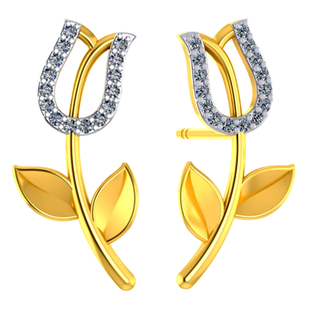 18k Diamond Earrings With Floral Design And Leafy Detailing