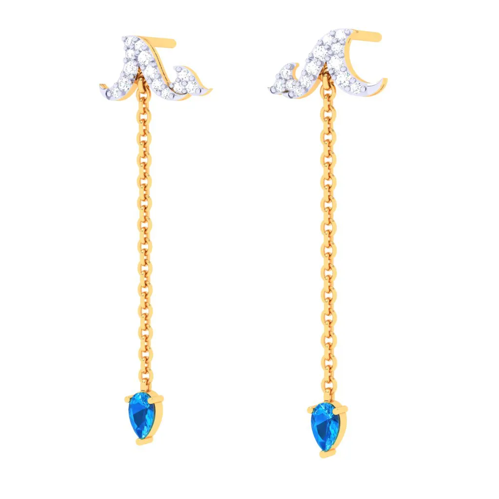 18k Sleek Rain Themed Gold Diamond Earrings For Women