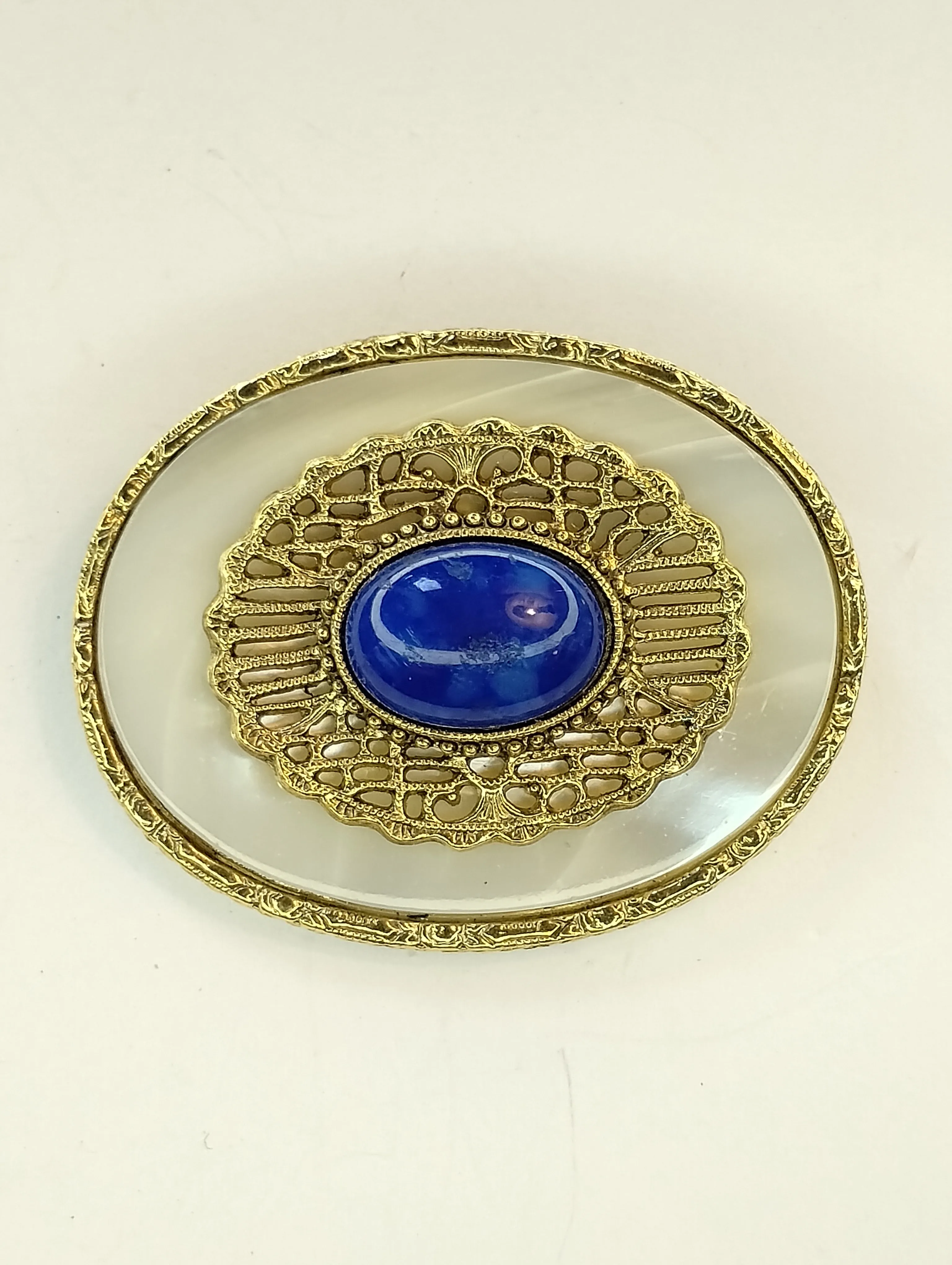 1928 Brand Gold Tone MOP Mother of Pearl Faux Blue Lapis Cabochon Brooch Pin