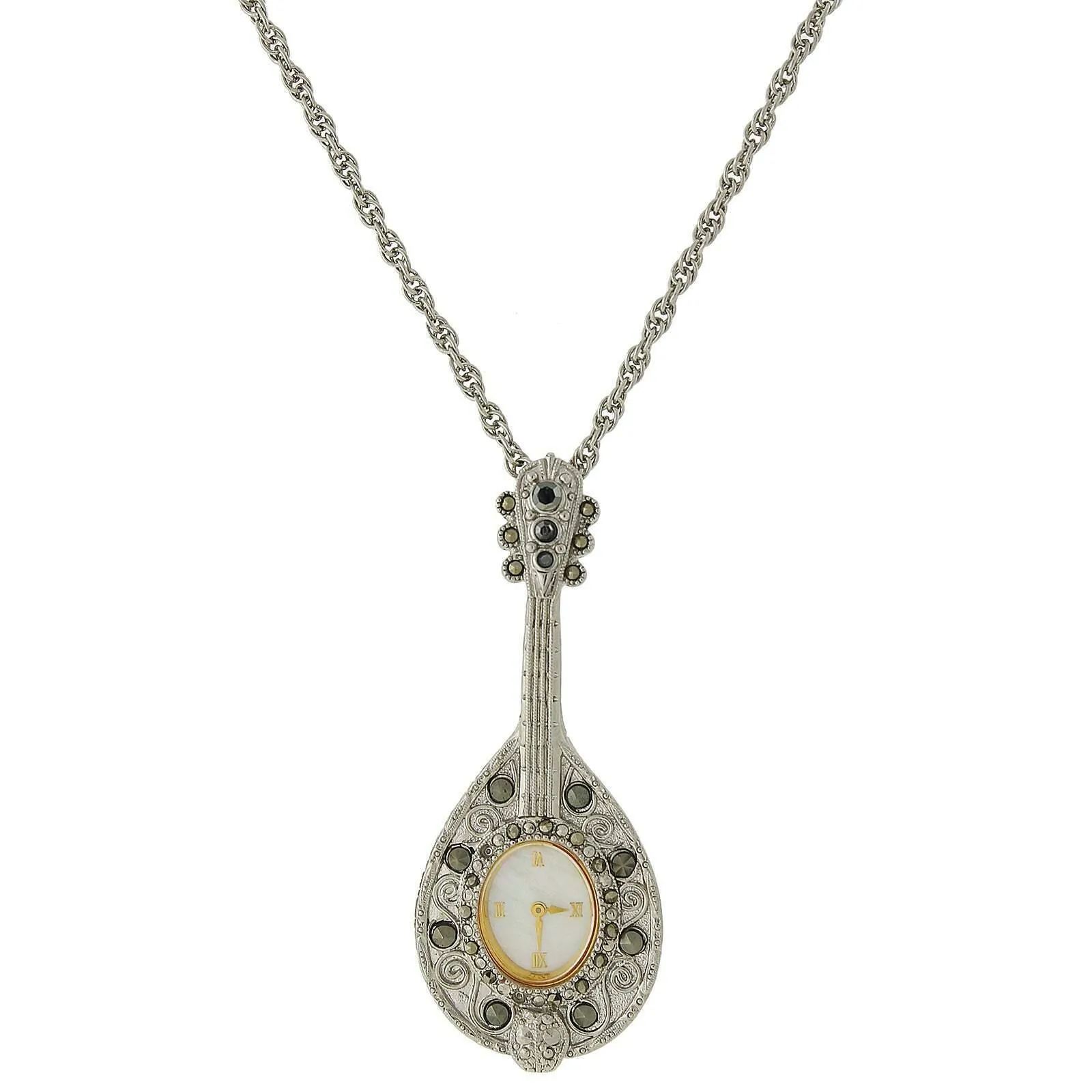 1928 Jewelry Mother Of Pearl Hematite Crystal Mandolin Watch Pendant Necklace 28"