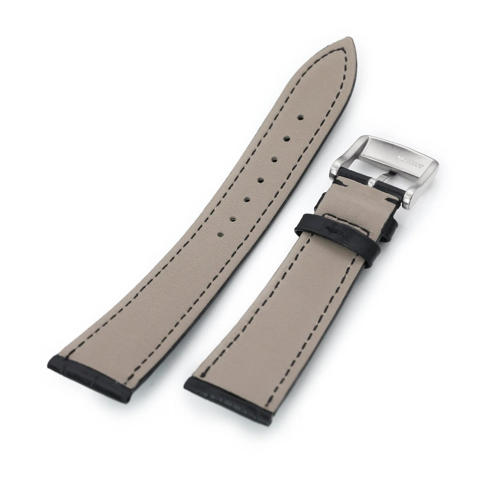 22mm Black CrocoCalf (Croco Grain) Tapered  Leather Watch Band, Brushed Buckle