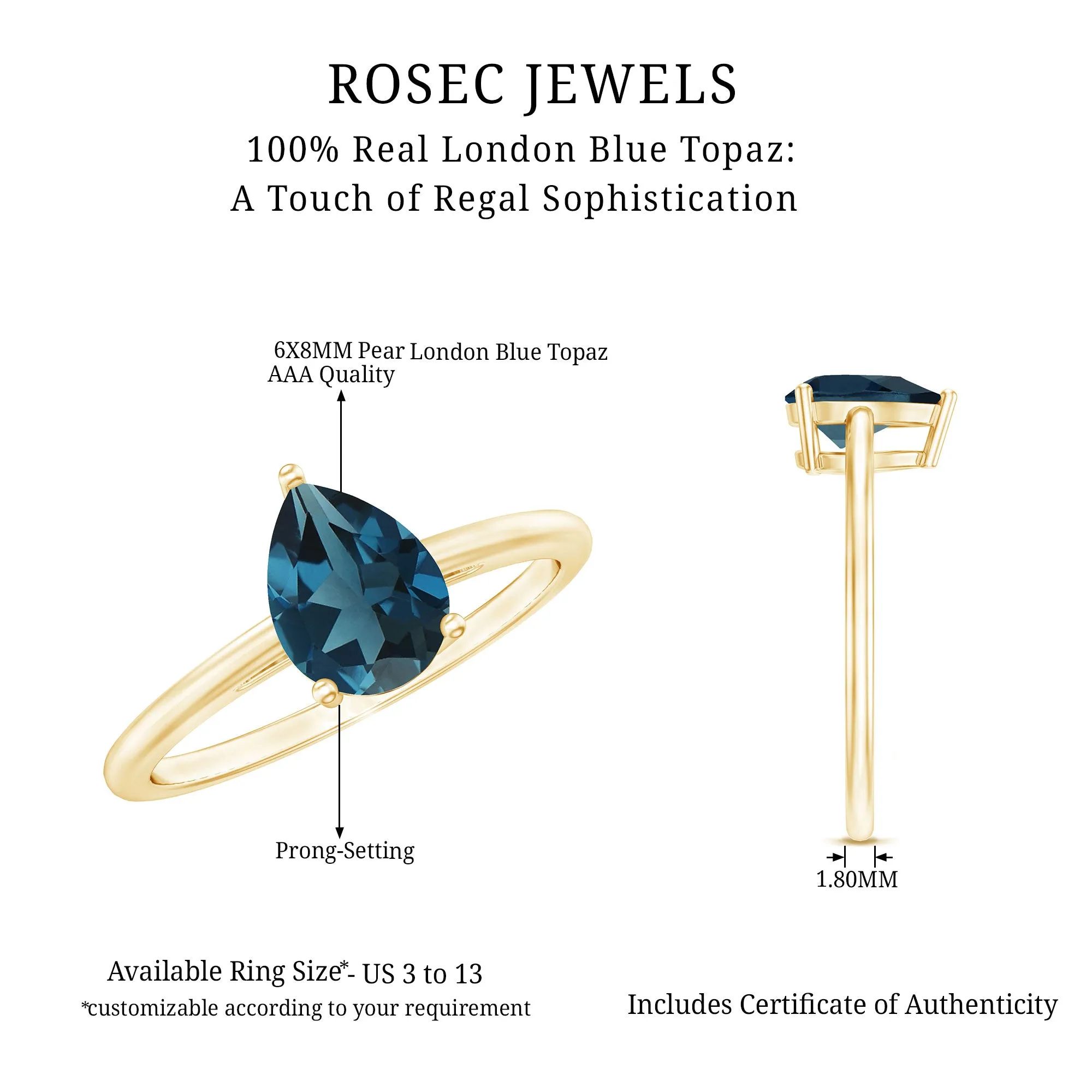 6X8 MM Pear Shaped London Blue Topaz Solitaire Ring