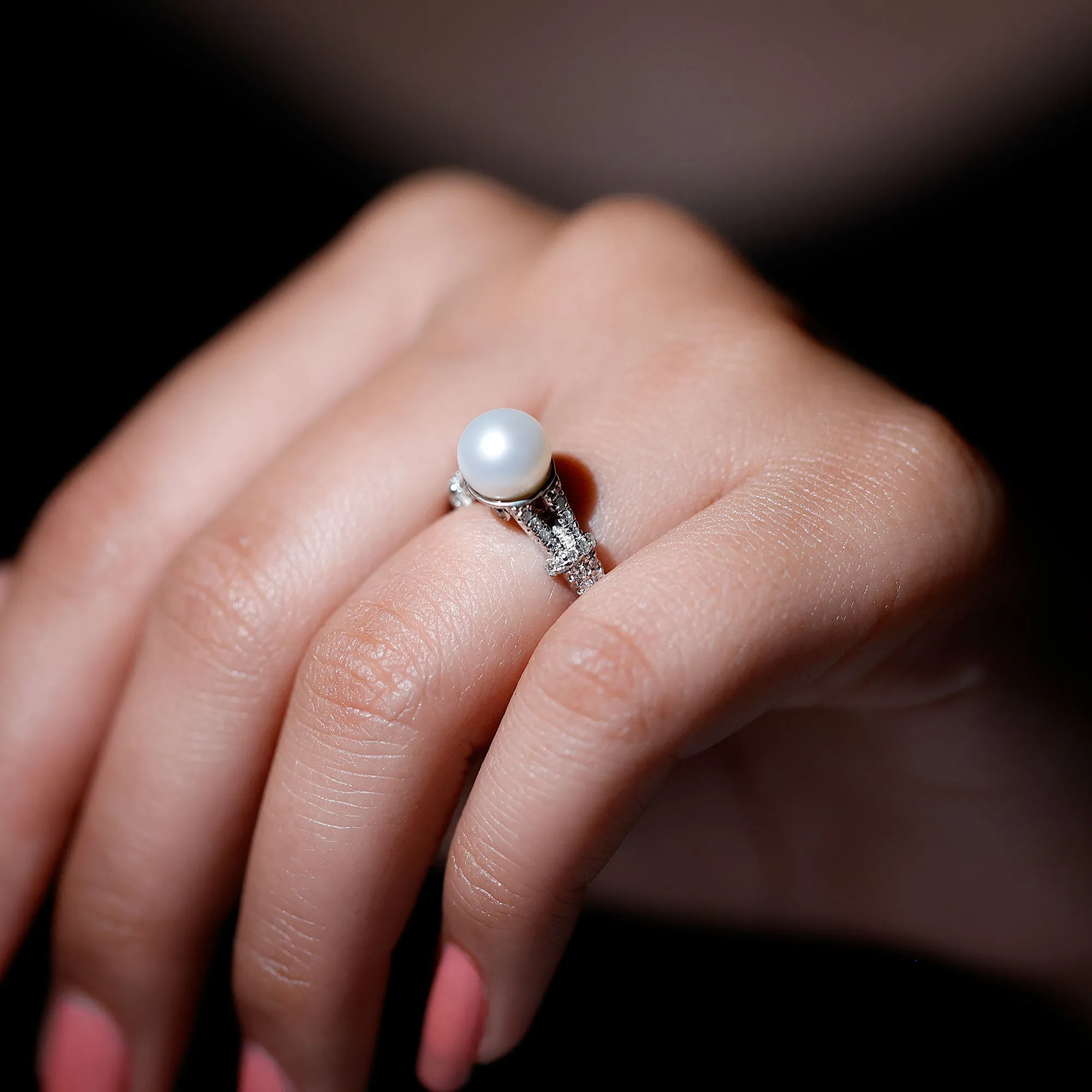 8 MM Freshwater Pearl Solitaire Engagement Ring with Diamond