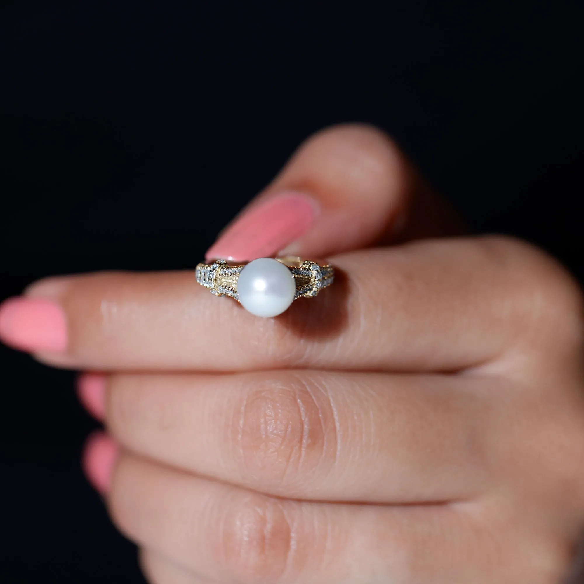 8 MM Freshwater Pearl Solitaire Engagement Ring with Diamond