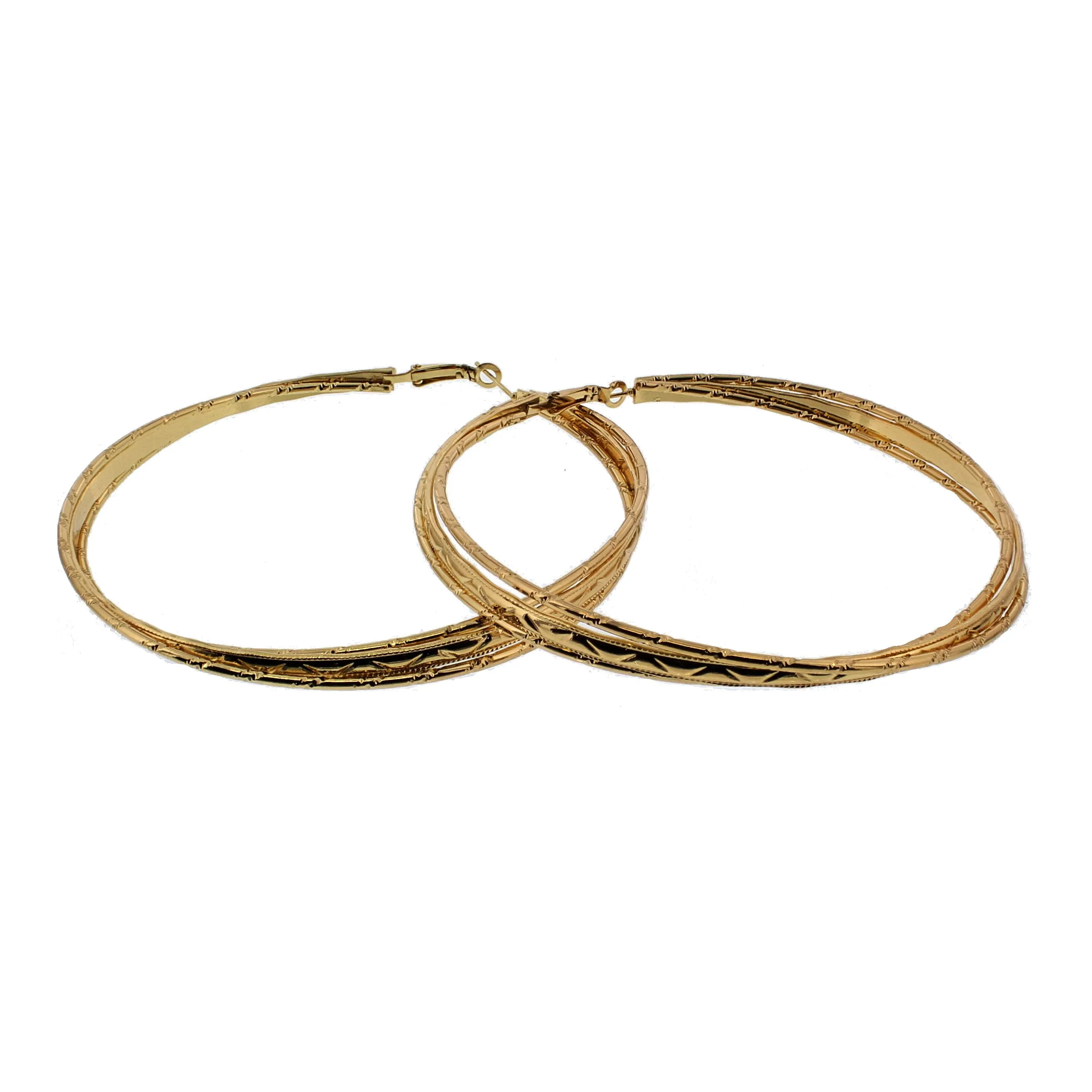 8.9cm Thin Patterned Gold Hoop Earrings