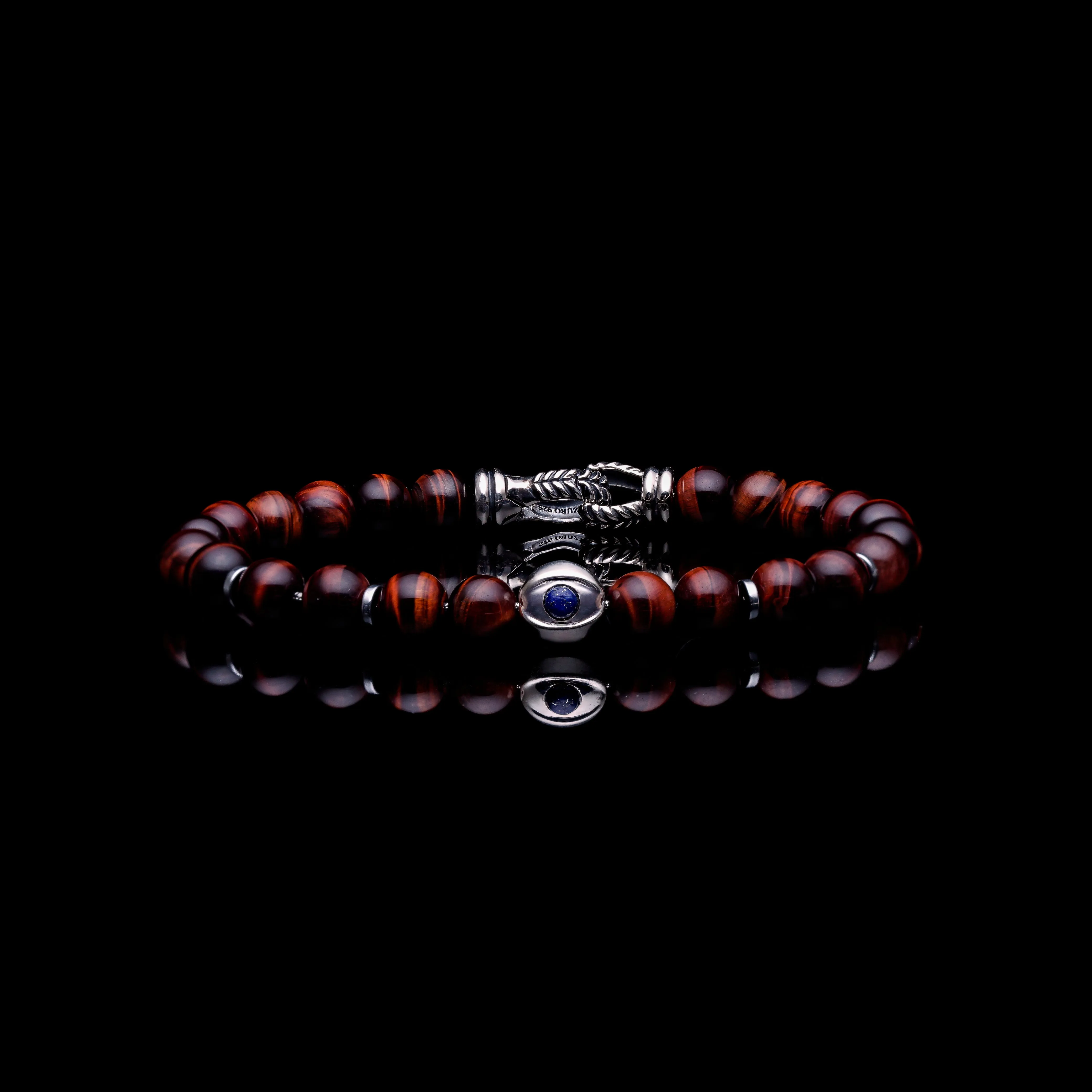 925 Silver Evil Eye Bracelet | Red Tiger Eye Beaded Bracelet In Laurel Clasp