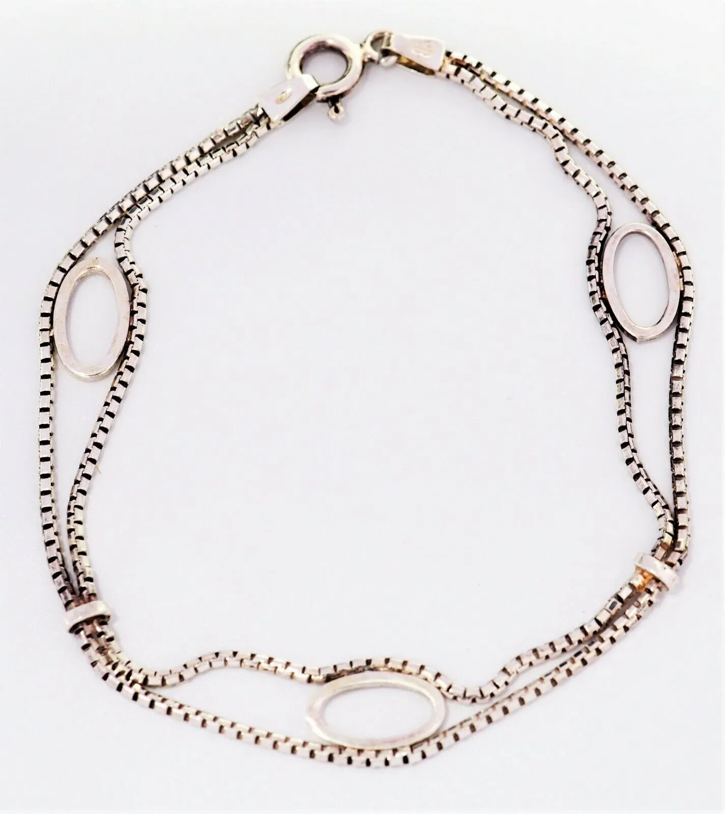 925 Sterling Silver Box Chain Bracelet with Oval Inserts