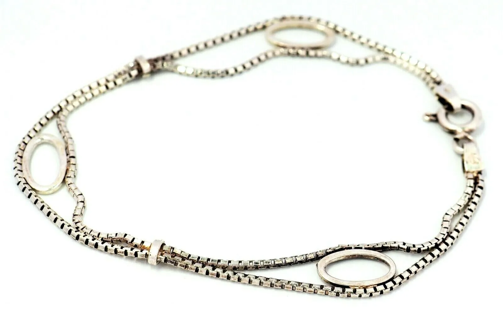 925 Sterling Silver Box Chain Bracelet with Oval Inserts