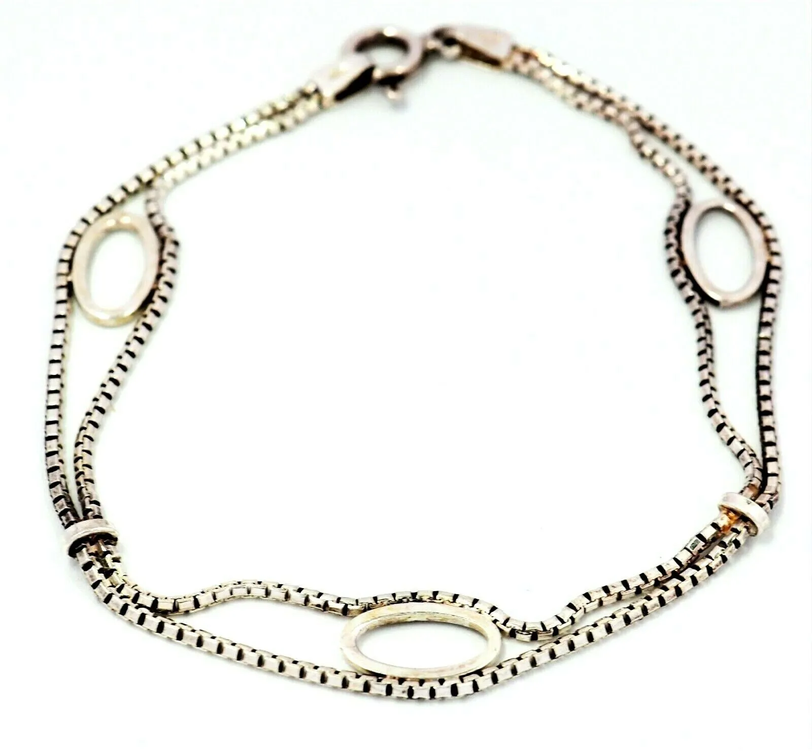 925 Sterling Silver Box Chain Bracelet with Oval Inserts